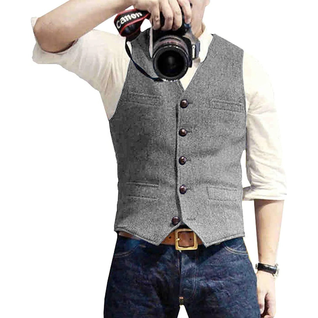 Men's Button Front Gilet with Wool Blend and Front Pockets