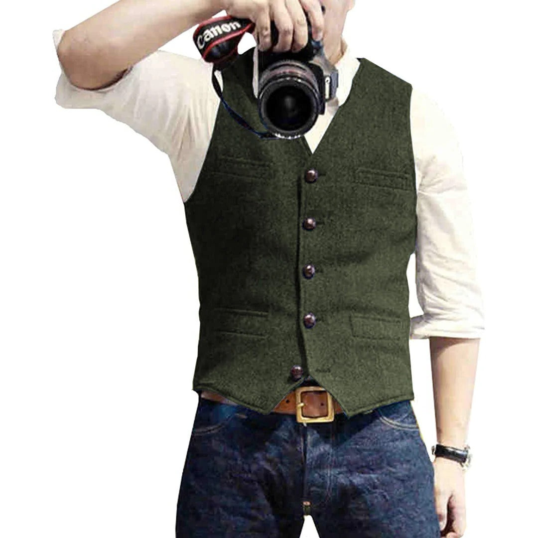 Men's Button Front Gilet with Wool Blend and Front Pockets