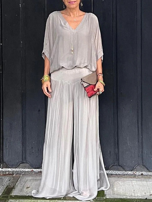 Womens Two-Piece Chiffon Set with Wide Leg Pants and Decorative Top