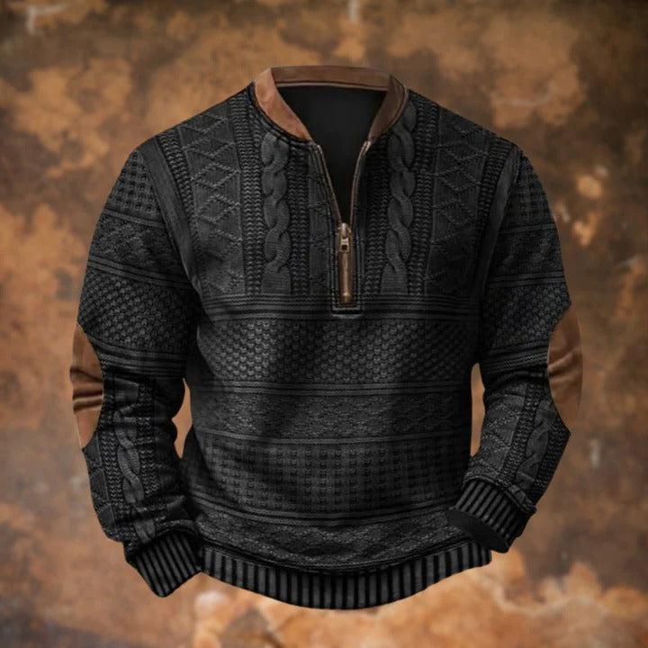 Mens Quarter Zip Pullover Sweater with Cable Knit Pattern and Elbow Patches