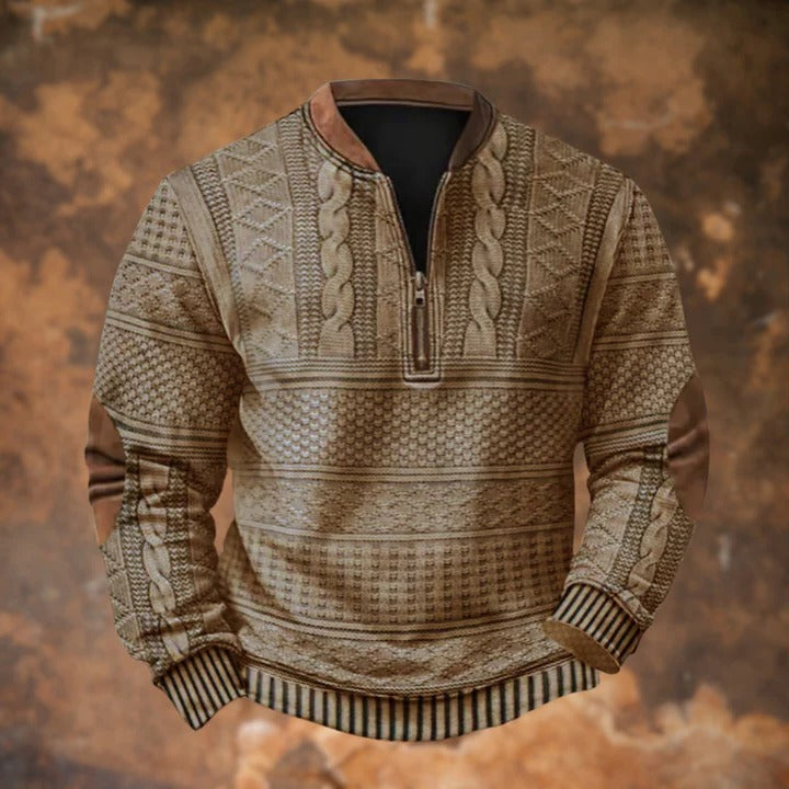Mens Quarter Zip Pullover Sweater with Cable Knit Pattern and Elbow Patches