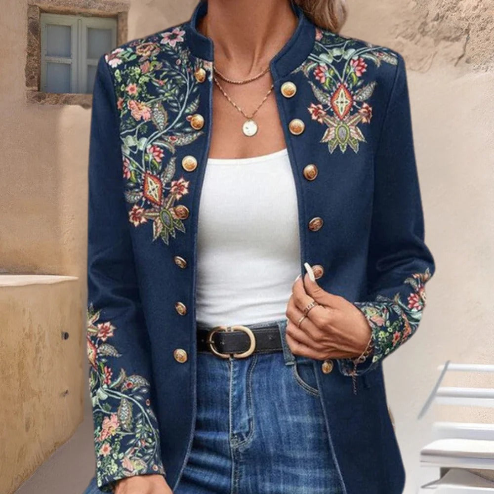 Collarless Floral Blazer with Open Front Design and Polyester Construction