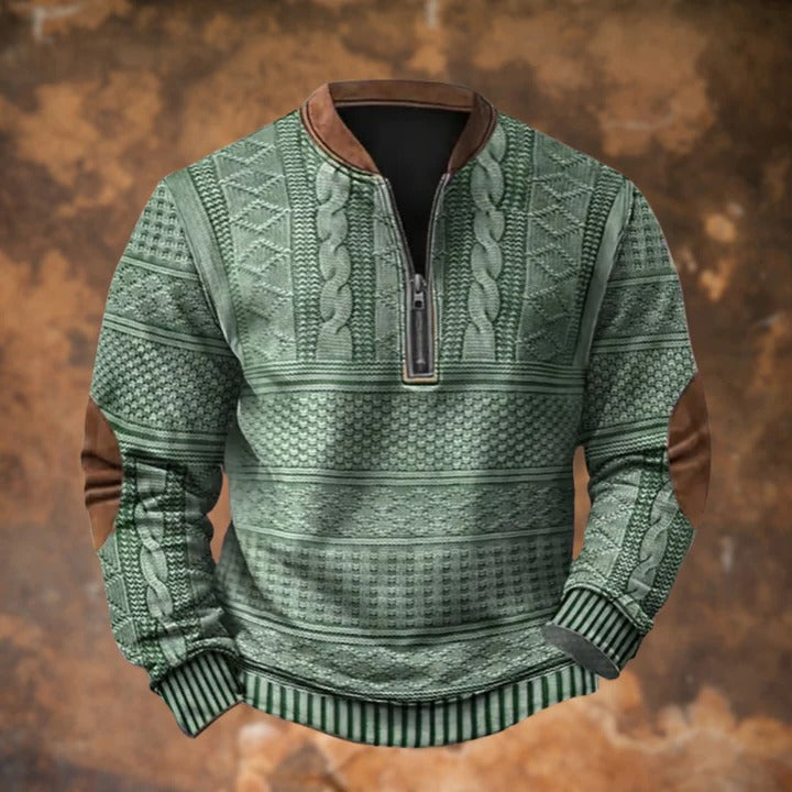 Mens Quarter Zip Pullover Sweater with Cable Knit Pattern and Elbow Patches