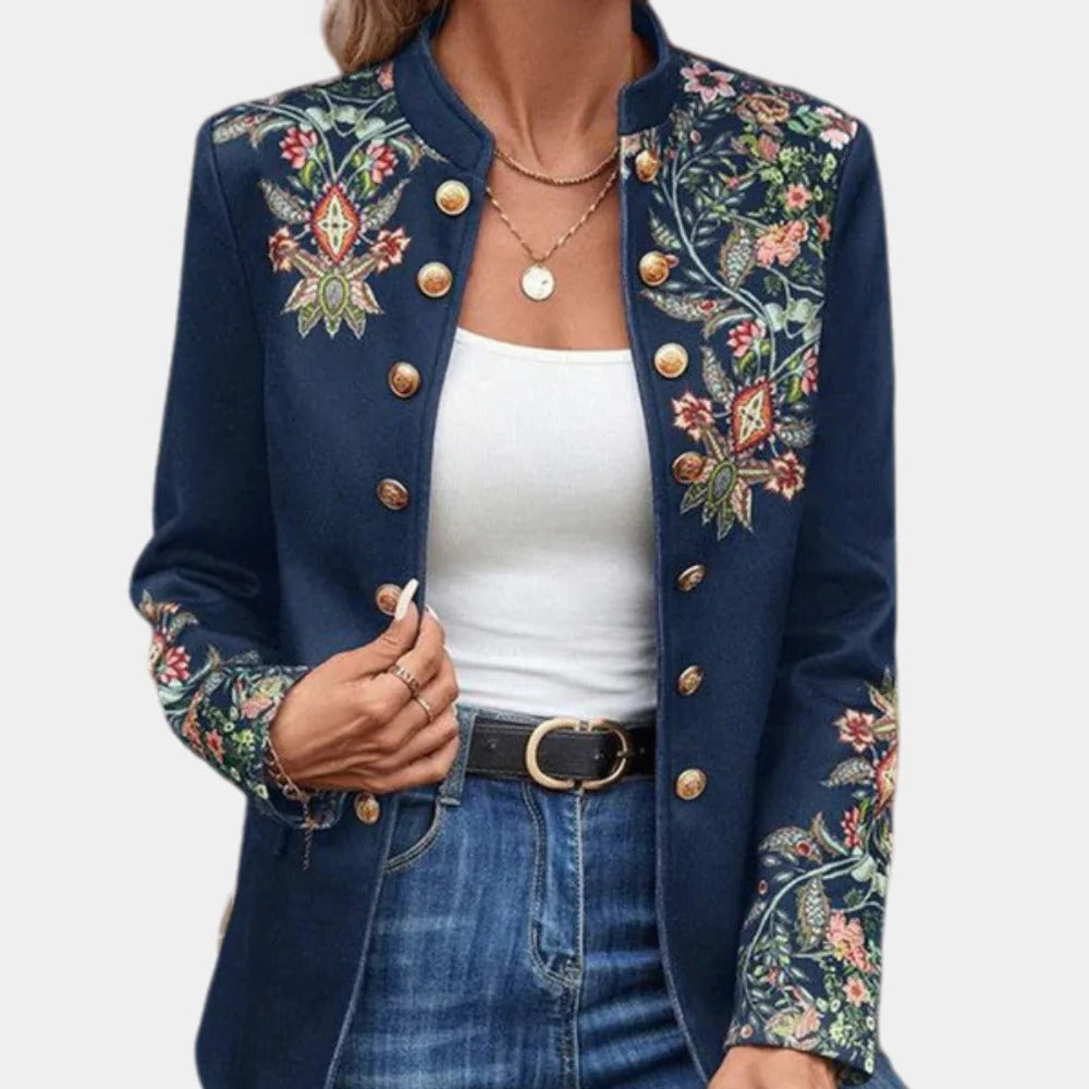 Collarless Floral Blazer with Open Front Design and Polyester Construction