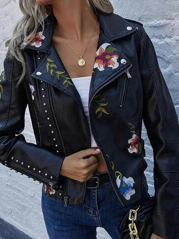 Floral Embroidered Faux Leather Moto Jacket with Studded Trim, Cropped Fit