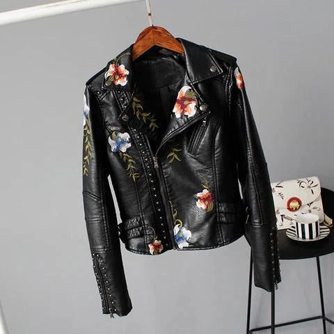 Floral Embroidered Faux Leather Moto Jacket with Studded Trim, Cropped Fit