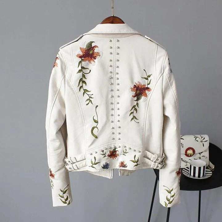 Floral Embroidered Faux Leather Moto Jacket with Studded Trim, Cropped Fit