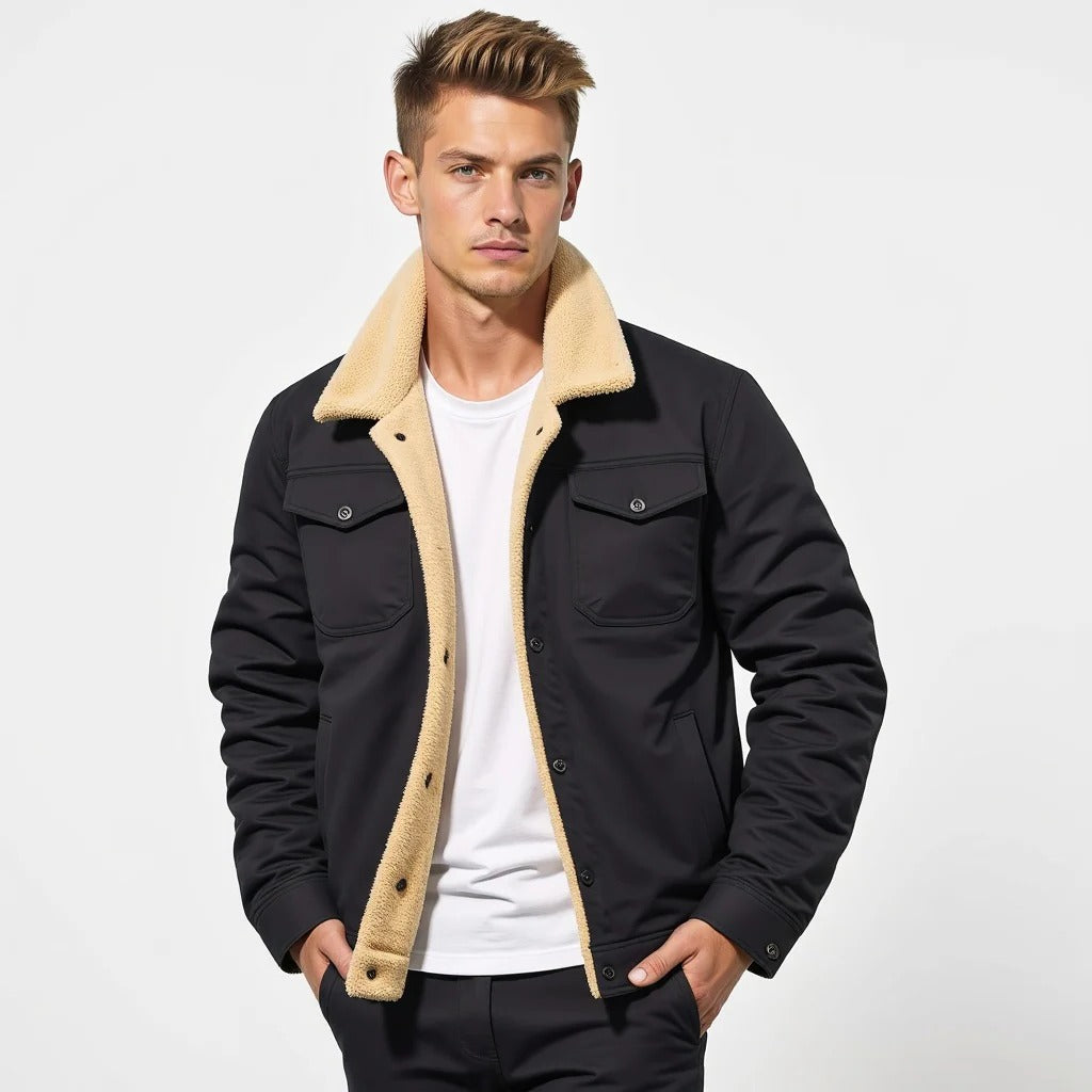 Men's Bomber Jacket with Ribbed Knit Trim and Front Zipper, Vintage Winter Style