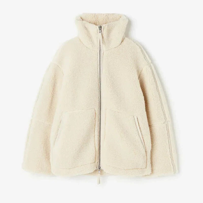 Women's Fleece Zip Jacket with Stand Collar and Oversized Fit