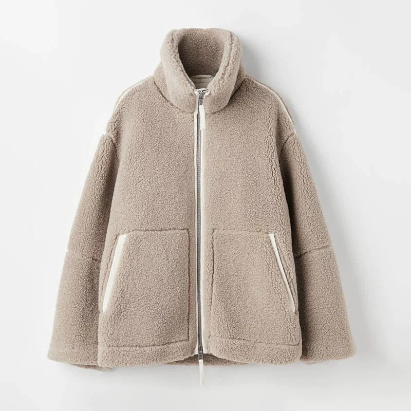 Women's Fleece Zip Jacket with Stand Collar and Oversized Fit
