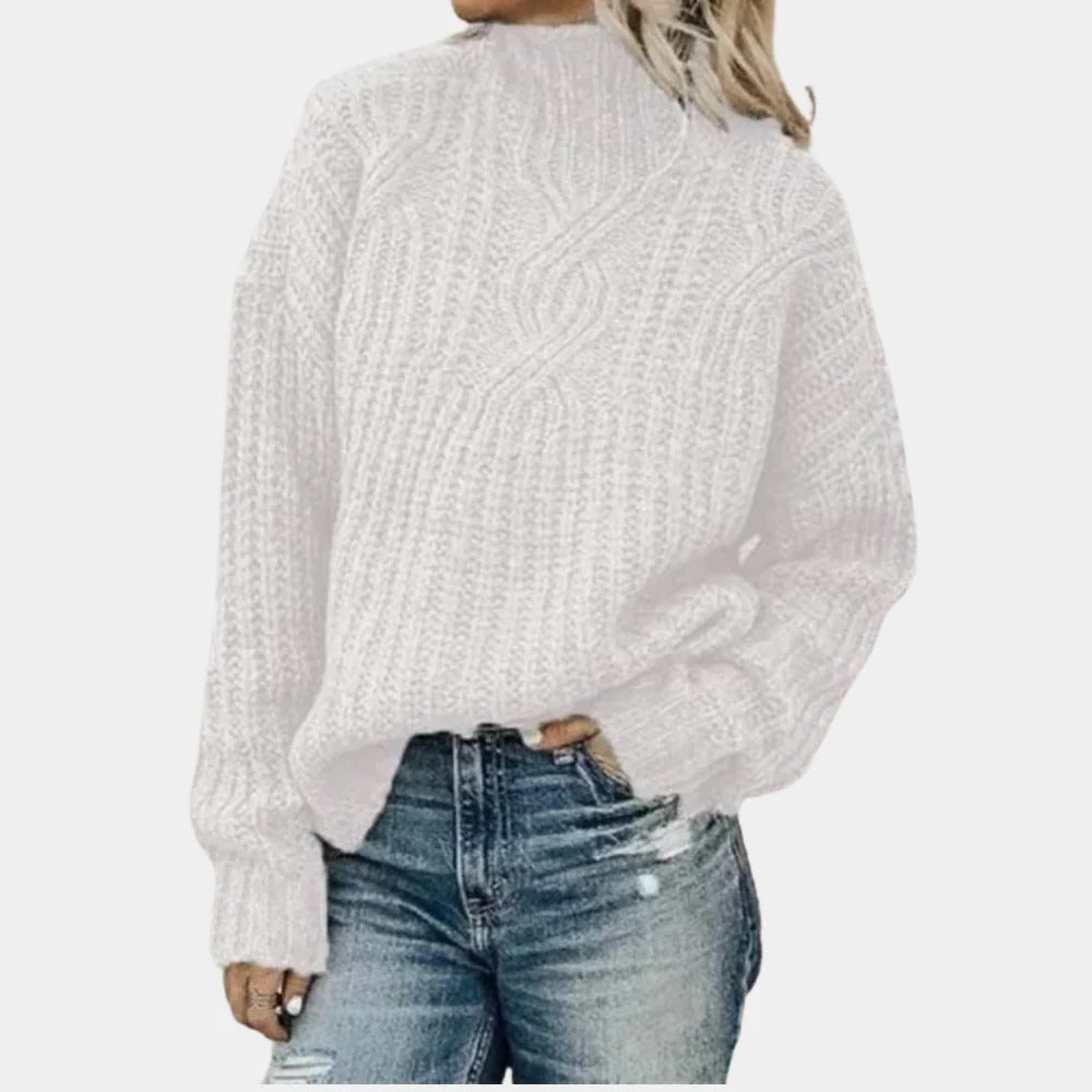 Women's Pullover Knit Sweater with Ribbed Cuffs and Hip Length Coverage