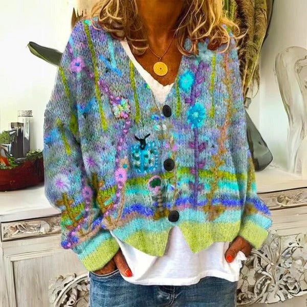 Floral Print Pullover Sweater with Ribbed Trim and Cotton Blend Fabric