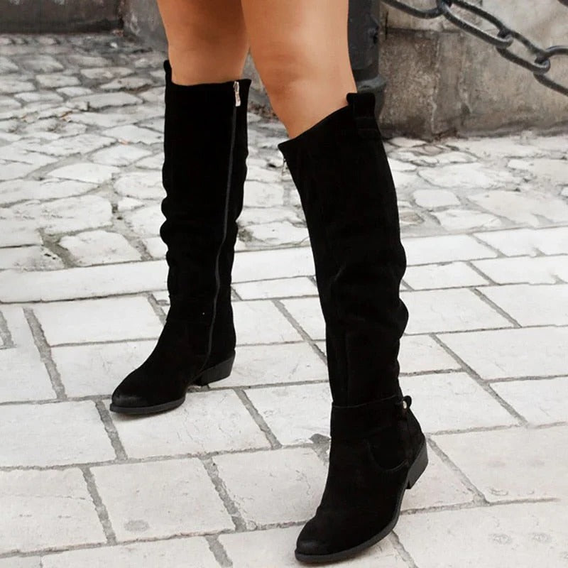 Womens Knee Boots with Side Zipper and Cushioned Insole, Low Heel