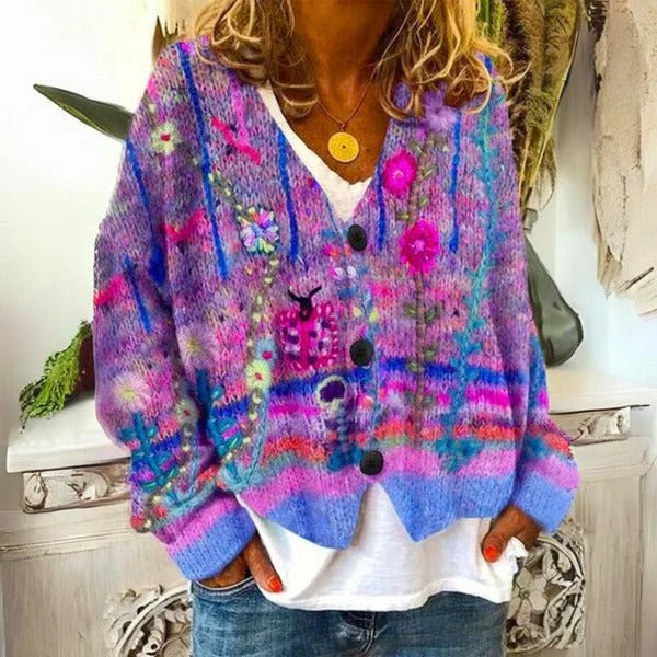 Floral Print Pullover Sweater with Ribbed Trim and Cotton Blend Fabric
