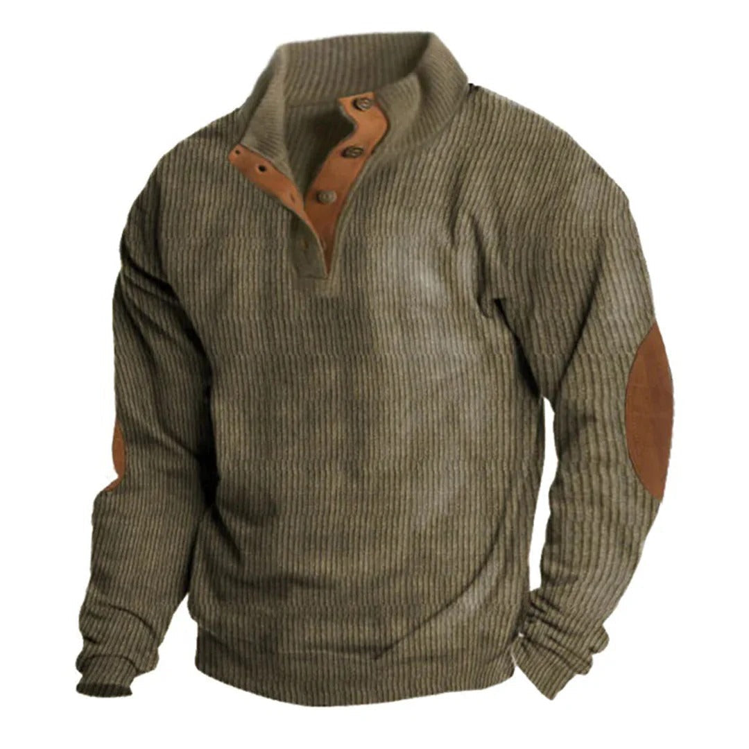 Corduroy Button Front Sweater with Stand Collar, Green and Beige