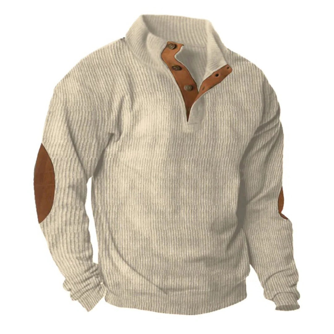 Corduroy Button Front Sweater with Stand Collar, Green and Beige