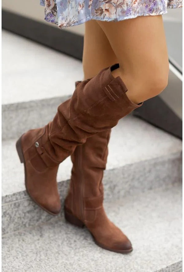 Womens Knee Boots with Side Zipper and Cushioned Insole, Low Heel