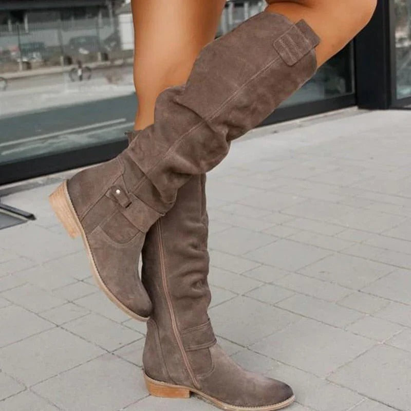 Womens Knee Boots with Side Zipper and Cushioned Insole, Low Heel
