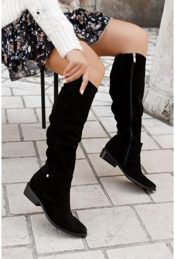 Womens Knee Boots with Side Zipper and Cushioned Insole, Low Heel