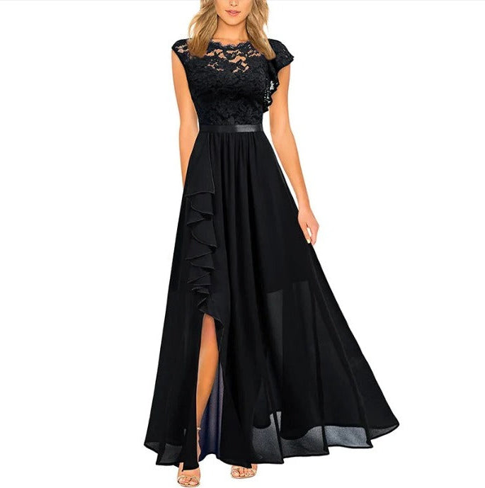 Lace Maxi Dress with Round Neckline and Short Sleeves