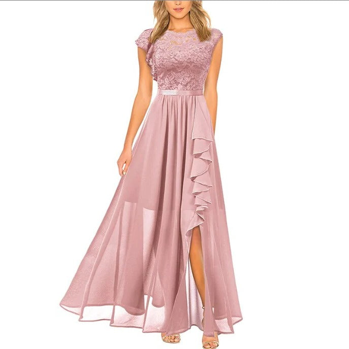 Lace Maxi Dress with Round Neckline and Short Sleeves