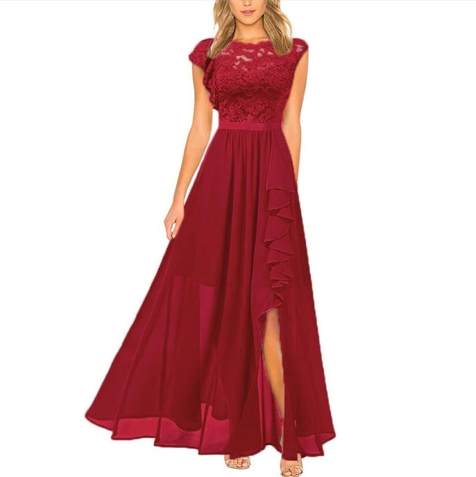 Lace Maxi Dress with Round Neckline and Short Sleeves