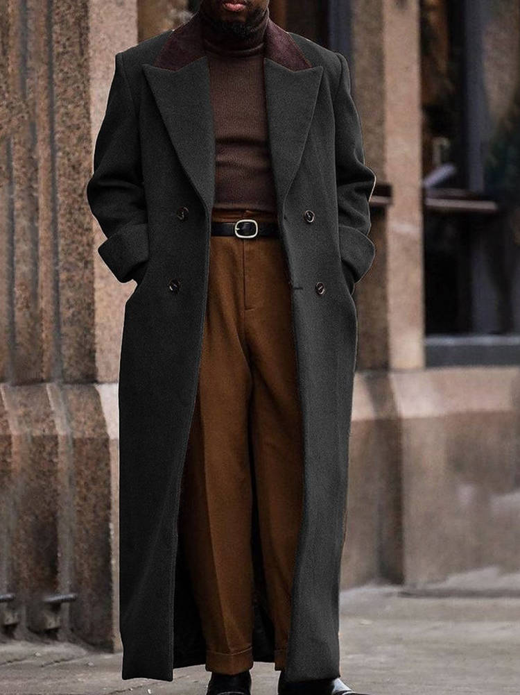 Mens Long Trench Coat, Full Length Double Breasted Overcoat, Classic Winter Coat