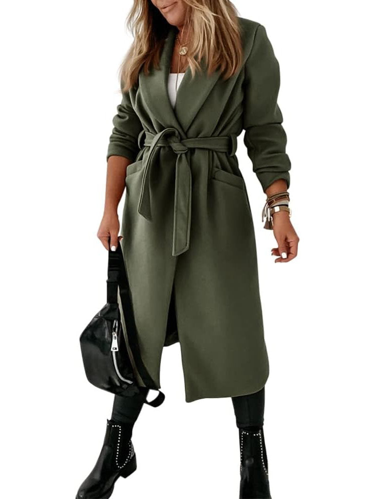 Womens Classic Long Coat, Lapel Collar Open Front Belted Jacket for Fall Winter