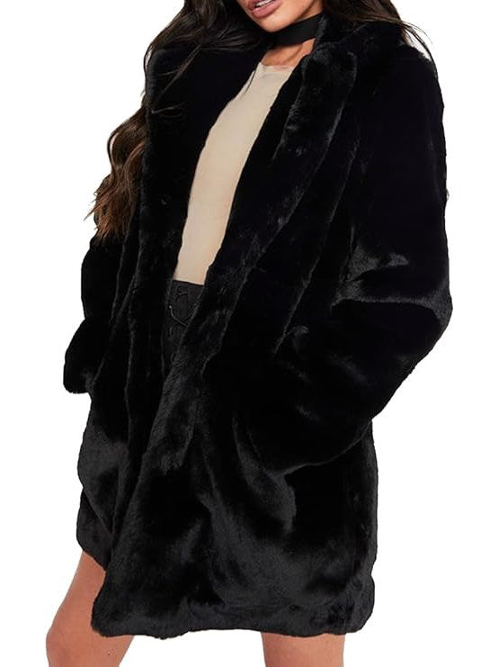 Womens Faux Fur Winter Coat, Warm Lapel Collar Lined Button Front Jacket