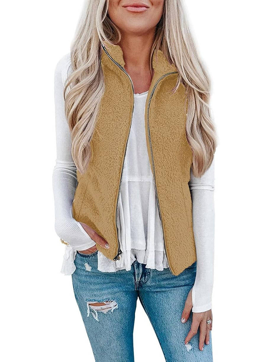 Womens Sherpa Fleece Vest, Fuzzy Lightweight Sleeveless Zipper Jacket with Pockets