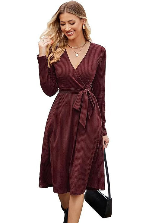 Women's Fall Work Dress, Teacher Church Business Casual Knit Midi Sweater Dress with Pockets and Belt 2026