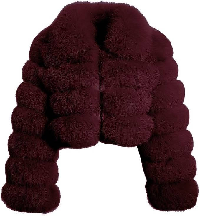 Womens Faux Fur Cropped Jacket, Fluffy Teddy Puffer Coat, Zip Up Warm Winter Jacket