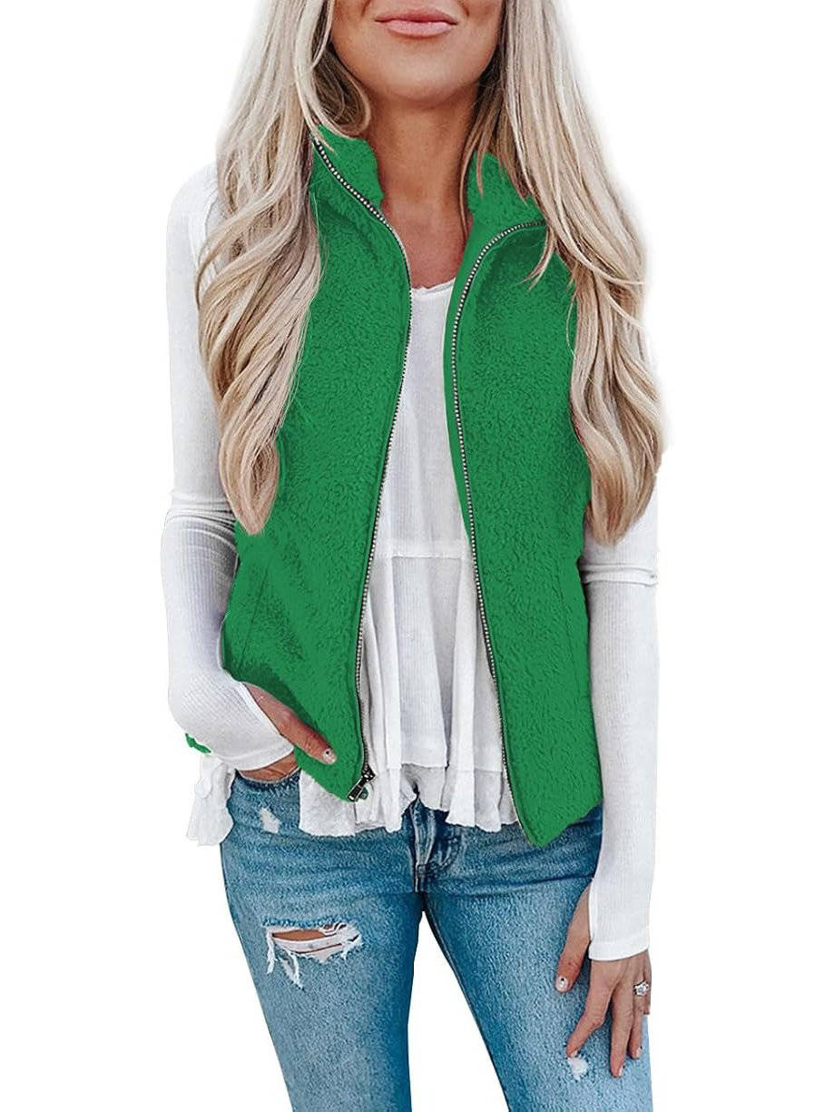 Womens Sherpa Fleece Vest, Fuzzy Lightweight Sleeveless Zipper Jacket with Pockets