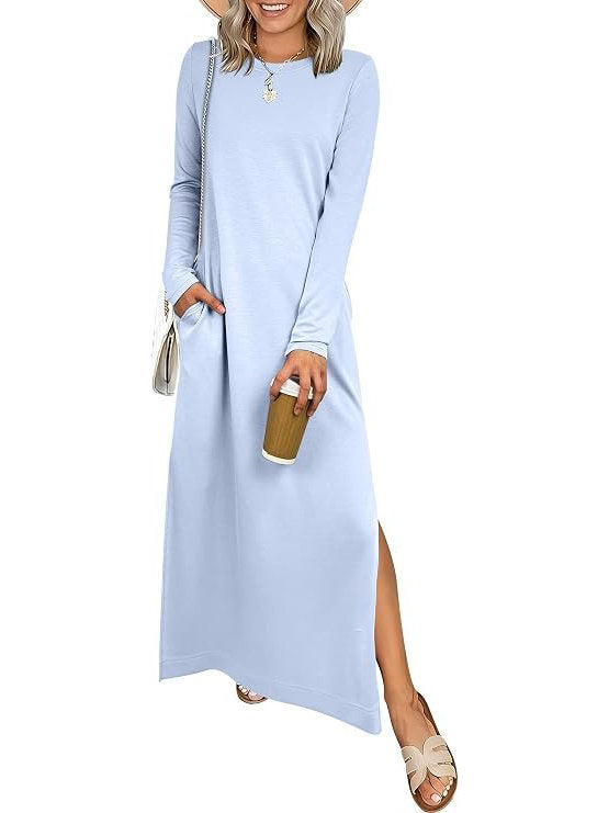 Women's Long Sleeve Work Dress, 2026 Fall Casual Crewneck Loose Fit Split Flowy Wrinkle Free Travel Vacation Maxi Dress