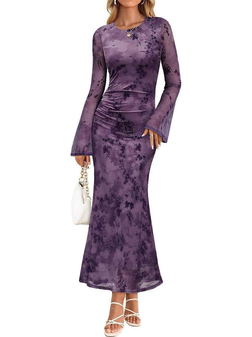 Womens Floral Maxi Dress, Long Sleeve Bodycon Ruched Mesh Formal Dress for Fall Evening Events
