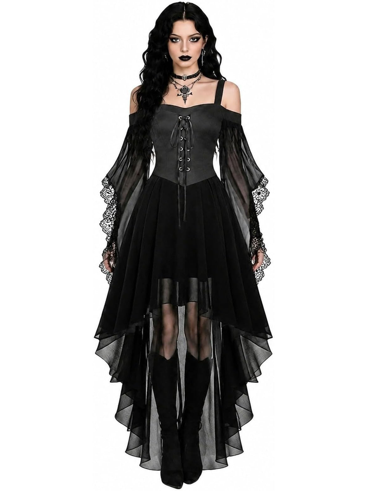 Witch Costume for Women, 2026 Halloween Dress with Butterfly Sleeve Mesh Gothic Renaissance Vampire Design