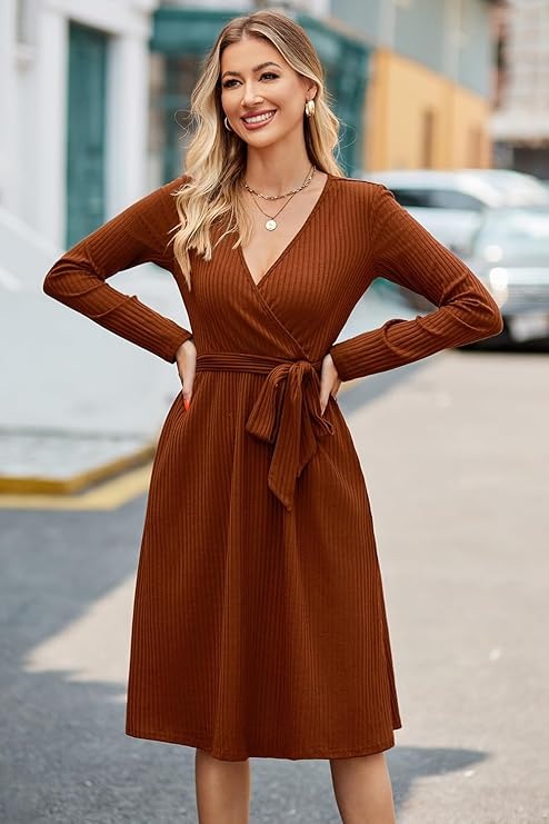 Women's Fall Work Dress, Teacher Church Business Casual Knit Midi Sweater Dress with Pockets and Belt 2026