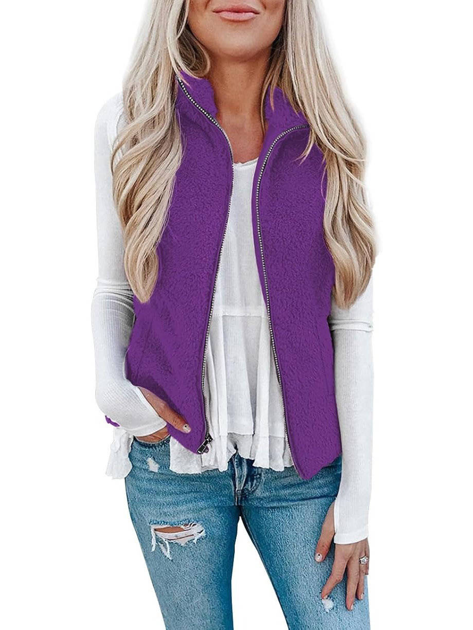 Womens Sherpa Fleece Vest, Fuzzy Lightweight Sleeveless Zipper Jacket with Pockets