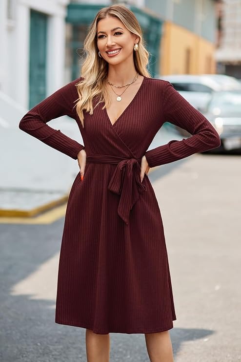 Women's Fall Work Dress, Teacher Church Business Casual Knit Midi Sweater Dress with Pockets and Belt 2026