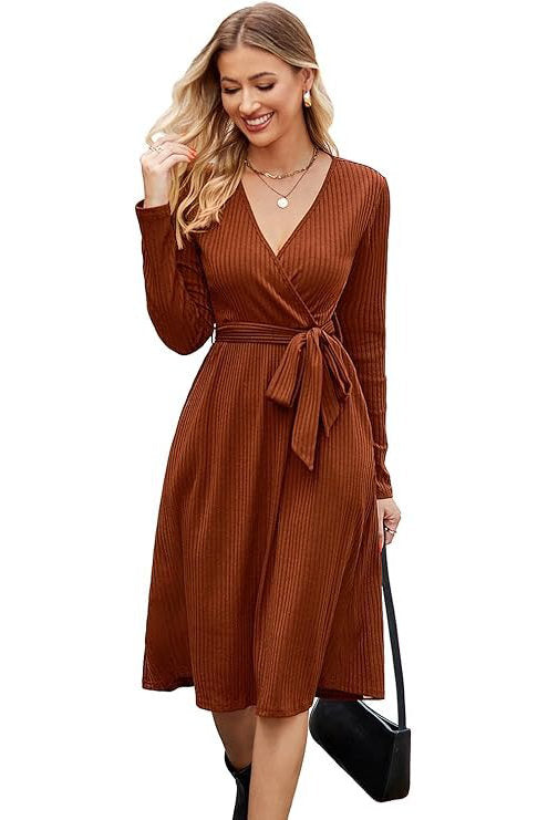 Women's Fall Work Dress, Teacher Church Business Casual Knit Midi Sweater Dress with Pockets and Belt 2026