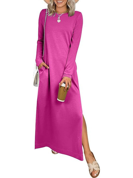 Women's Long Sleeve Work Dress, 2026 Fall Casual Crewneck Loose Fit Split Flowy Wrinkle Free Travel Vacation Maxi Dress