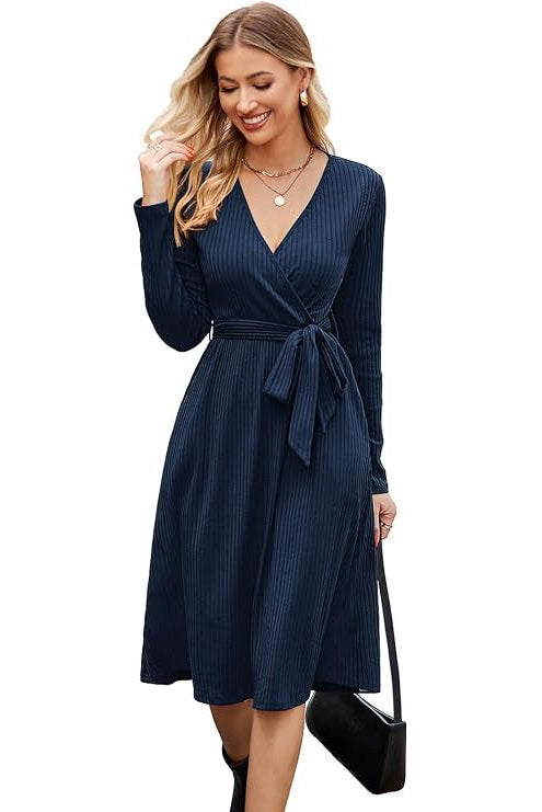 Women's Fall Work Dress, Teacher Church Business Casual Knit Midi Sweater Dress with Pockets and Belt 2026