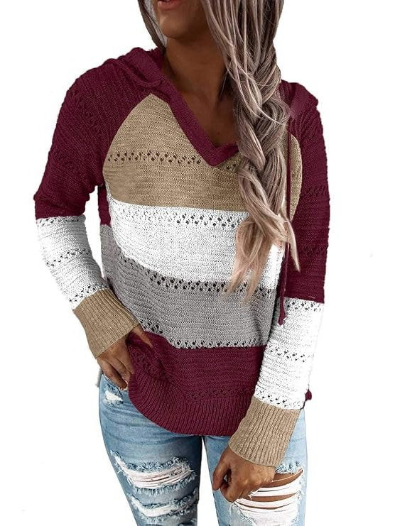 Womens Striped Crochet Sweater Hoodie, Long Sleeve Colorblock Lightweight Knit Pullover