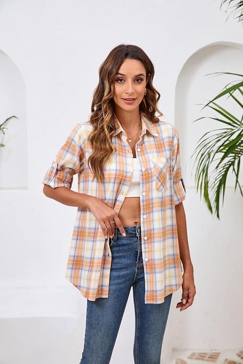 Flannel Shirt for Women, Plaid Western Cowgirl Button Down Shirt, Long Sleeve Oversized Casual Top