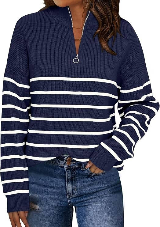 Womens Striped Quarter Zip Sweater - Oversized Mock Neck Knit Pullover