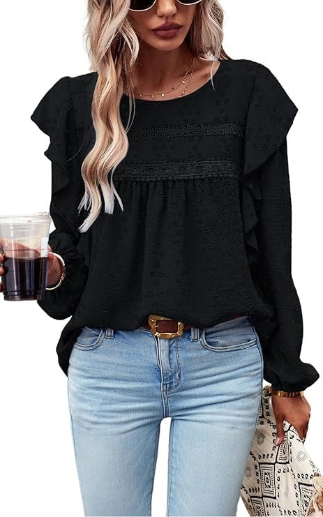 Women's Long Sleeve Shirts, Ruffle Swiss Dot Crochet Loose Fit Tunic, Dressy Casual Tops Blouse, Spring Fashion
