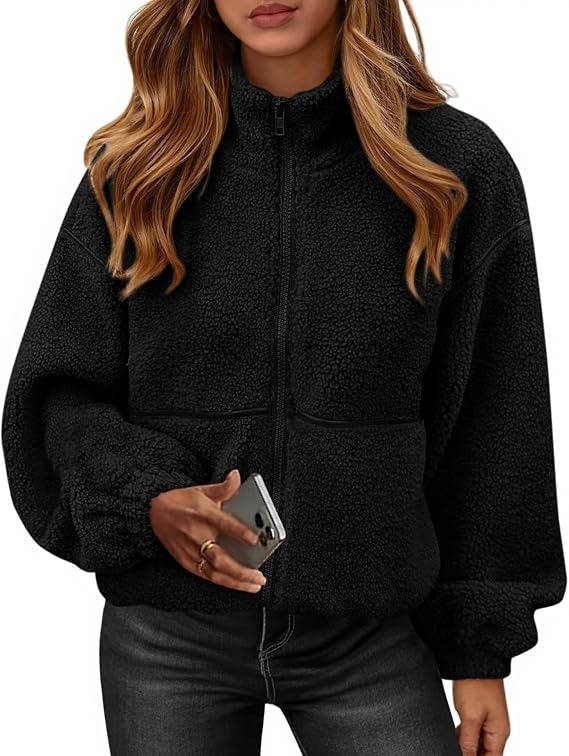 Womens Fleece Zip Up Jacket, Oversized Color Block Teddy Coat with Pockets, Warm Fall Winter Outerwear