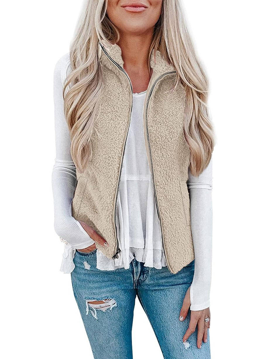 Womens Sherpa Fleece Vest, Fuzzy Lightweight Sleeveless Zipper Jacket with Pockets
