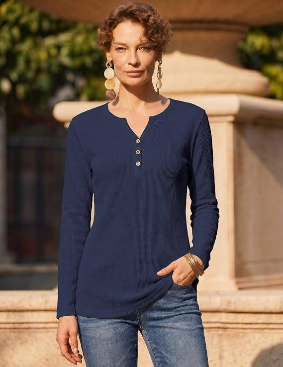 Women's Long Sleeve Waffle Knit Shirts, Dressy Casual Loose Button Up V Neck Tops, Fall Basic Tee Blouse