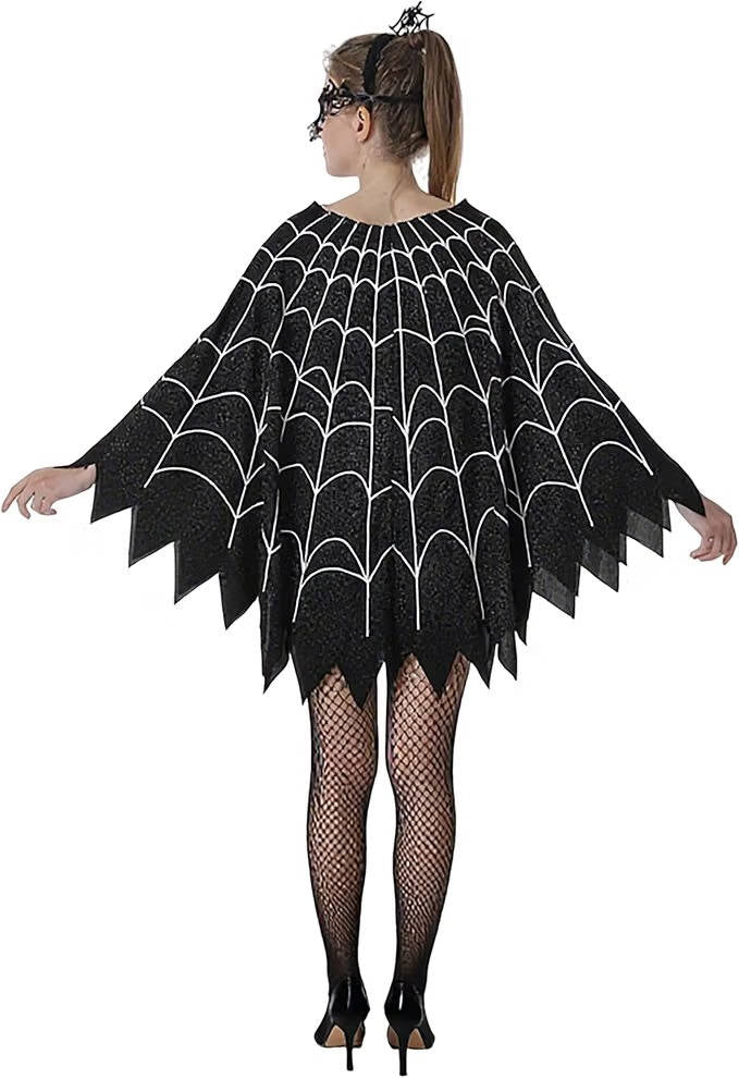 Spider Web Poncho for Women, Glow in the Dark Halloween Costume Dress with Headband and Mask for Cosplay